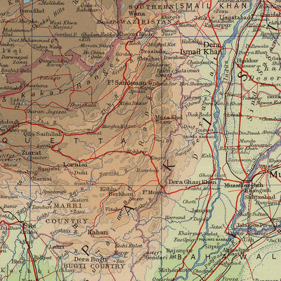 Mapa antiguo de Cachemira, Pakistán y Afganistán por Bartolomé, 1959: Karachi, río Indo, Hindu Kush, Kabul, Lahore