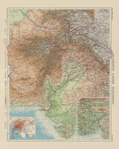 Old Map of Kashmir, Pakistan & Afghanistan by Bartholomew, 1959: Karachi, Indus River, Hindu Kush, Kabul, Lahore