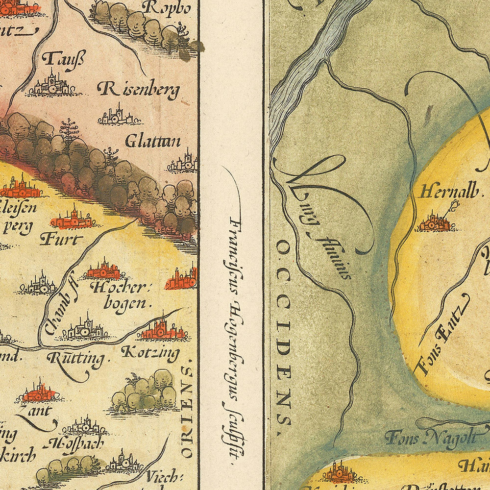 Old Map of Bavaria and Wurtemberg by Ortelius, 1581: Danube, Rhine, Stuttgart, Regensburg, Forests