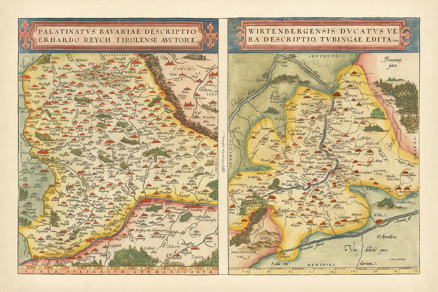 Mapa antiguo de Baviera y Wurtemberg de Ortelius, 1581: Danubio, Rin, Stuttgart, Ratisbona, bosques