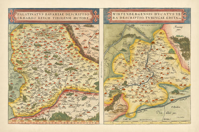 Carte ancienne de la Bavière et du Wurtemberg par Ortelius, 1581 : Danube, Rhin, Stuttgart, Ratisbonne, Forêts