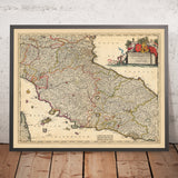 Ancienne carte des États pontificaux et du duché de Toscane, Italie par Visscher, 1690 : Rome, Florence, Pescara, Bologne, Pise 