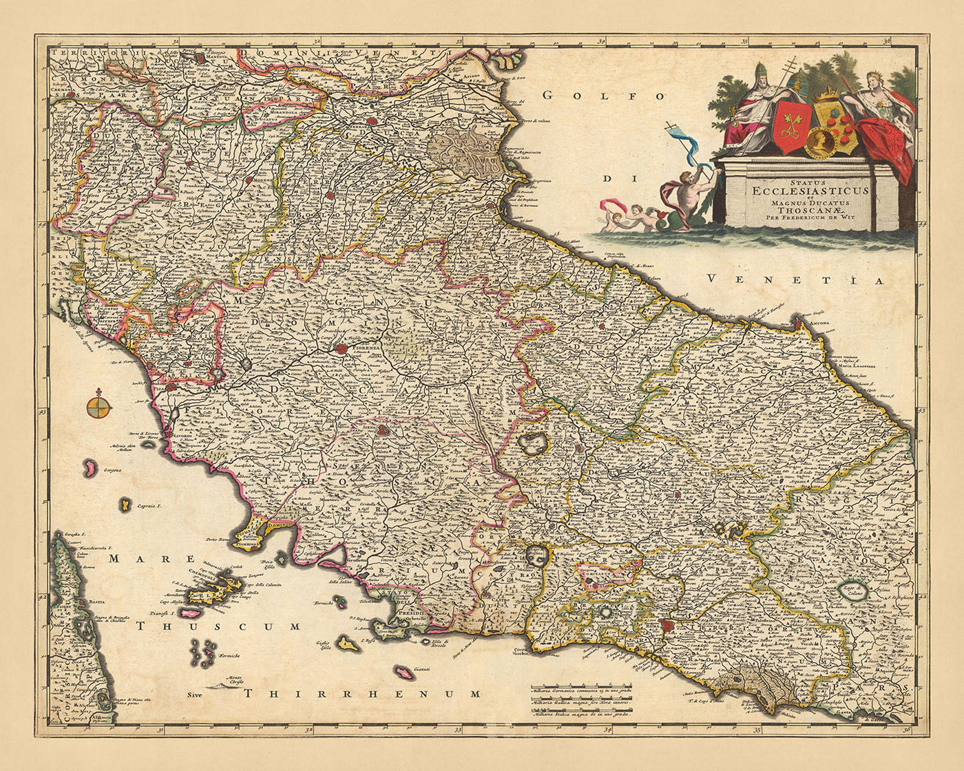 Mapa antiguo del Estado Pontificio y Ducado de Toscana, Italia por Visscher, 1690: Roma, Florencia, Pescara, Bolonia, Pisa