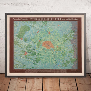 Mappa di rilievo antico di Parigi di Georg Bauerkeller nel 1843 - Saint Denis, Argenteuil, Saint Germain Des Paris, Montmorency, Versailles 