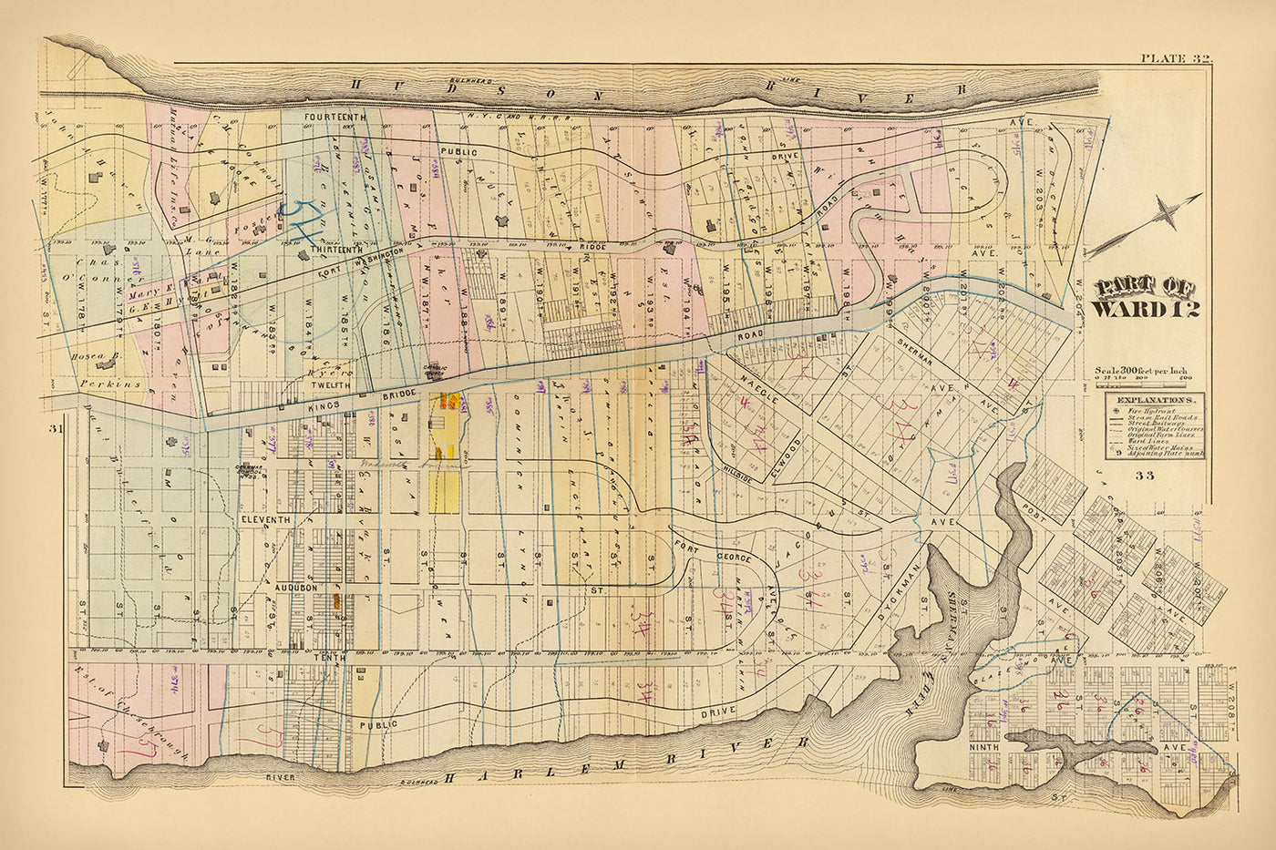 Alter Stadtplan von New York von Bromley, 1879: Harlem, Fort Washington, Fort George, Hudson River, Harlem River