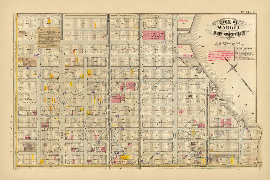 Alte Karte von Upper East Side, NYC, 1879: Carnegie Hill, Yorkville, East 86th St bis East 95th St 