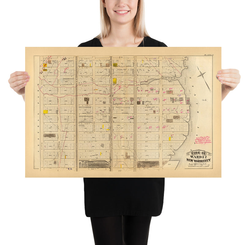 Alte Karte des Upper East Side, NYC, 1879: East 98th bis East 110th St, Knickerbocker Gas Works und ursprüngliche Farmlinien 