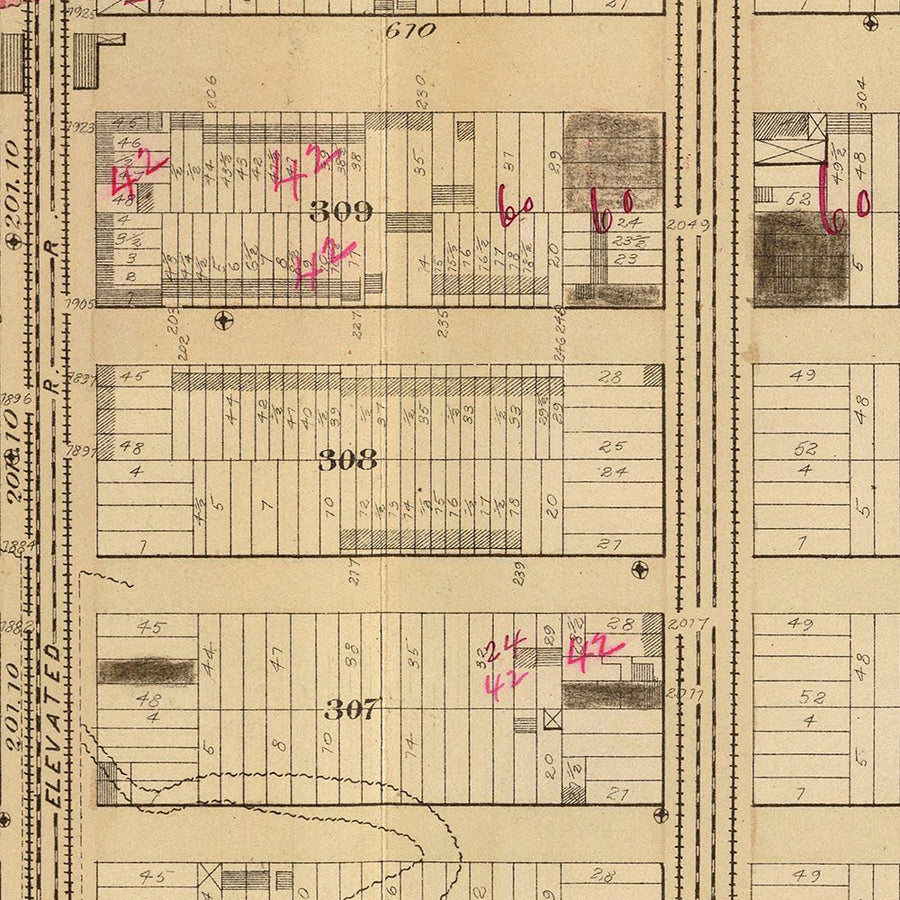 Alte Karte des Upper East Side, NYC, 1879: East 98th bis East 110th St, Knickerbocker Gas Works und ursprüngliche Farmlinien 