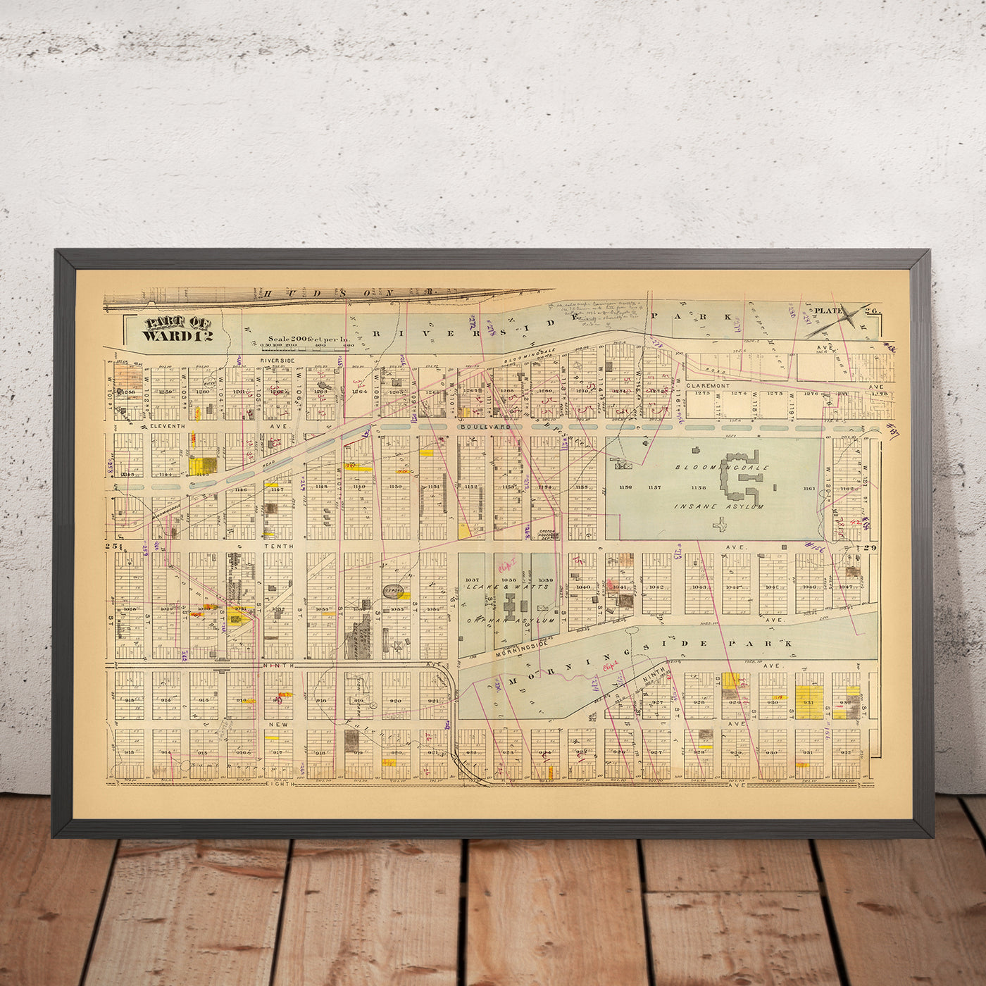 Old Map of Harlem, NYC by Bromley, 1879: Morningside Heights, Riverside Park, Leake & Watts Orphan Asylum, Bloomingdale Insane Asylum