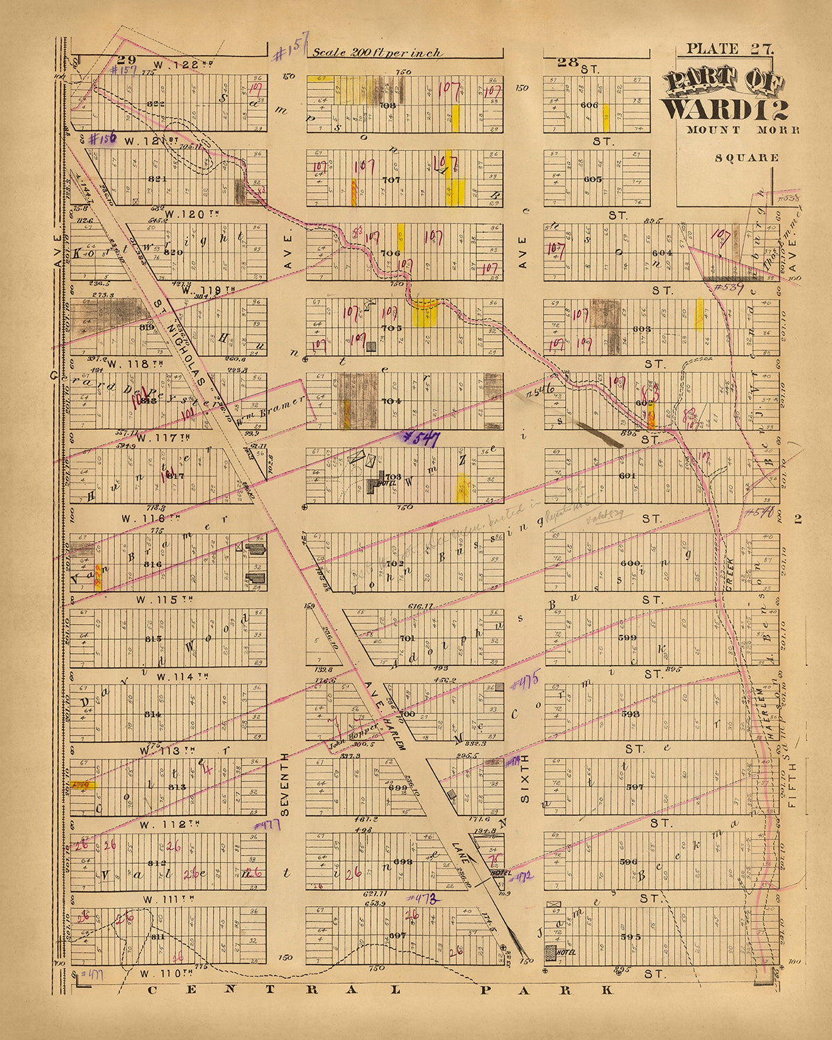 Ancienne carte de New York par Bromley, 1879 : Central Park, 5e avenue, Lenox Avenue, St. Nicholas Avenue, 7e avenue