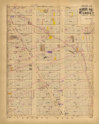 Ancienne carte de New York par Bromley, 1879 : Central Park, 5e avenue, Lenox Avenue, St. Nicholas Avenue, 7e avenue