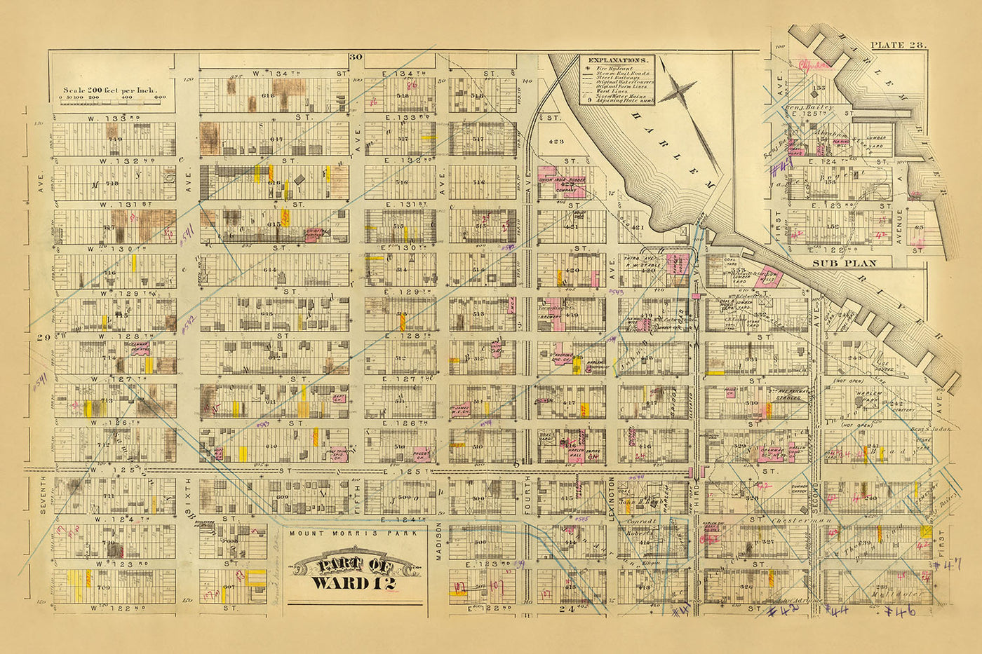 Old Map of Harlem, NYC by Bromley, 1879: Mount Morris Park, Harlem River, 1st-7th Avenues