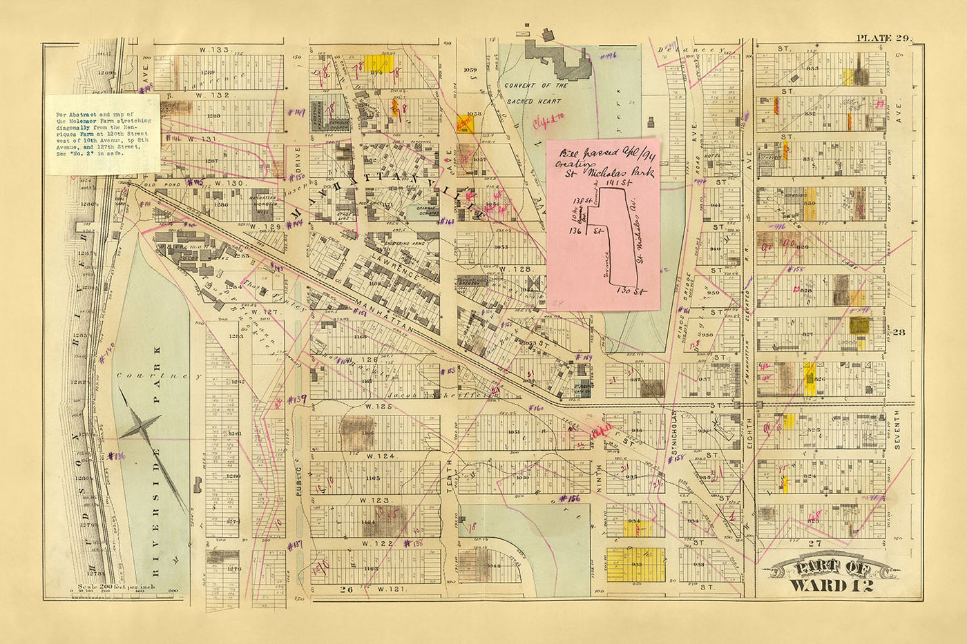 Alte Karte von New York City von Bromley, 1879: Riverside Park, Convent, Broadway, Eisenbahnen, Amsterdam Ave