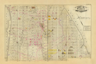 Ancienne carte de New York par Bromley, 1879 : quartier 12, rivière Hudson, rivière Harlem, Broadway, parcs