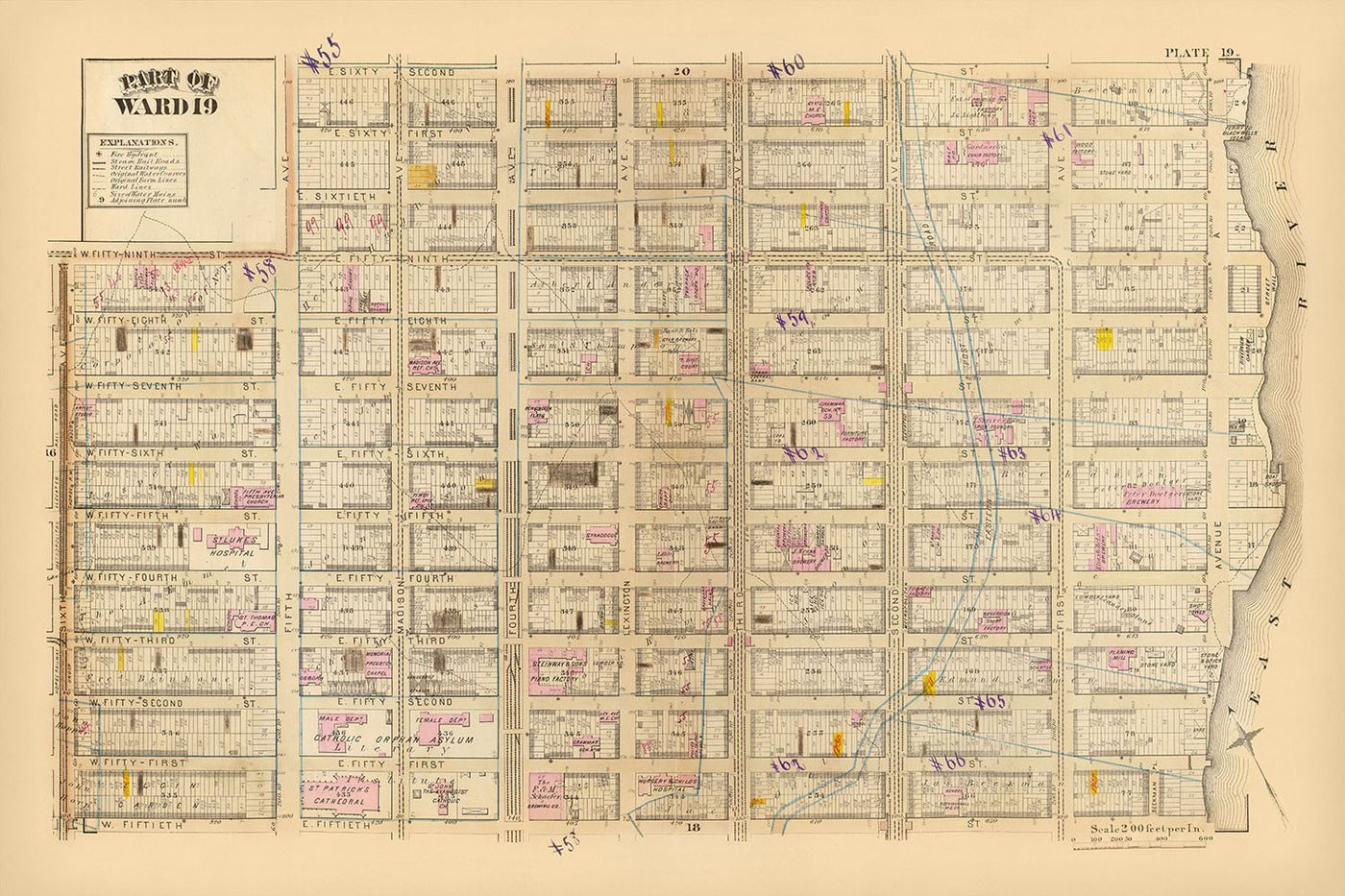 Ancienne carte de Midtown East, New York, 1879 : hôpital St. Luke, cathédrale Saint-Patrick, usine de pianos Steinway & Sons, quartier 19