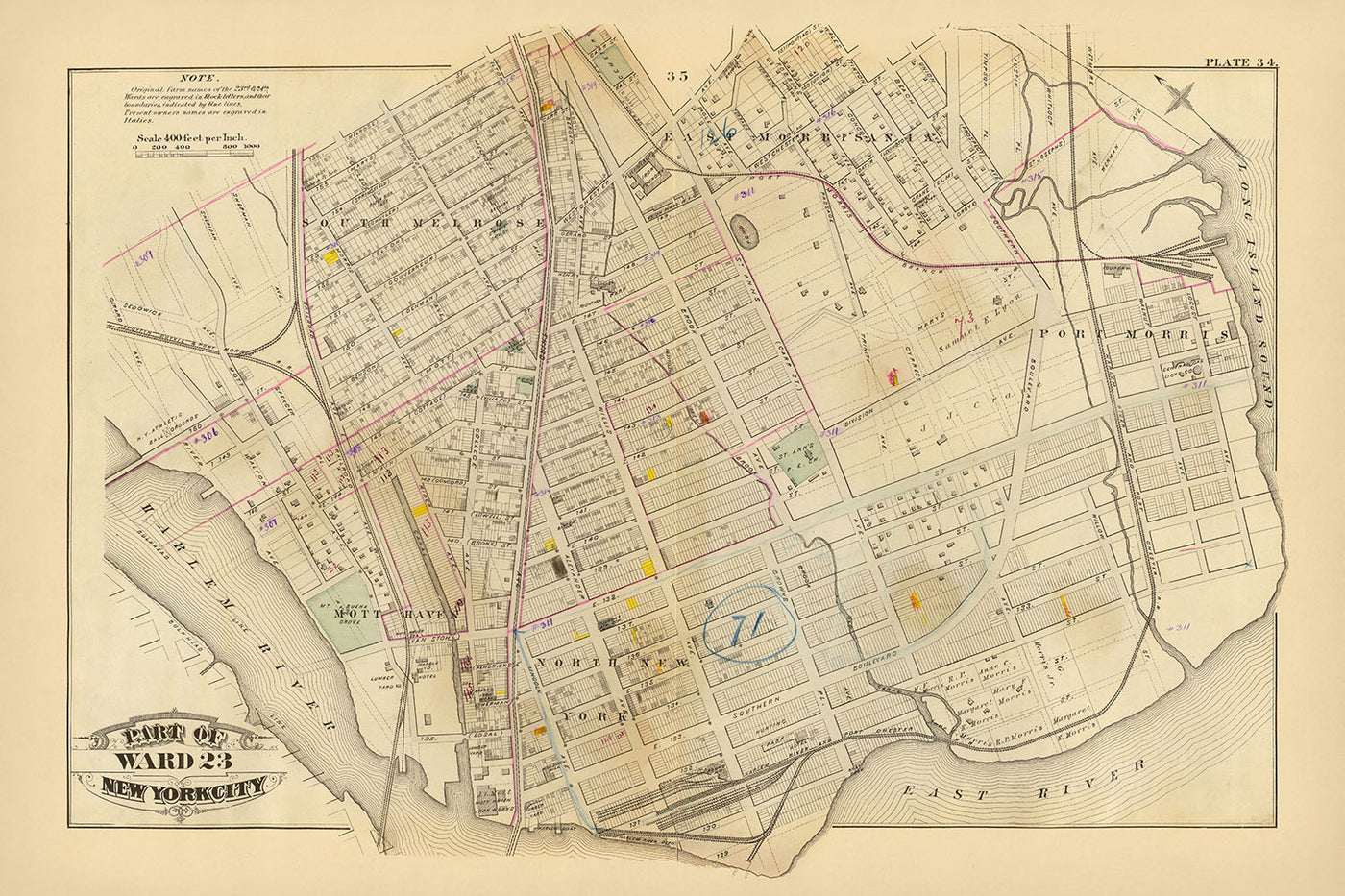 Mapa antiguo de la ciudad de Nueva York de Bromley, 1879: South Melrose, Mott Haven, St. Mary's Park, East River, ferrocarriles