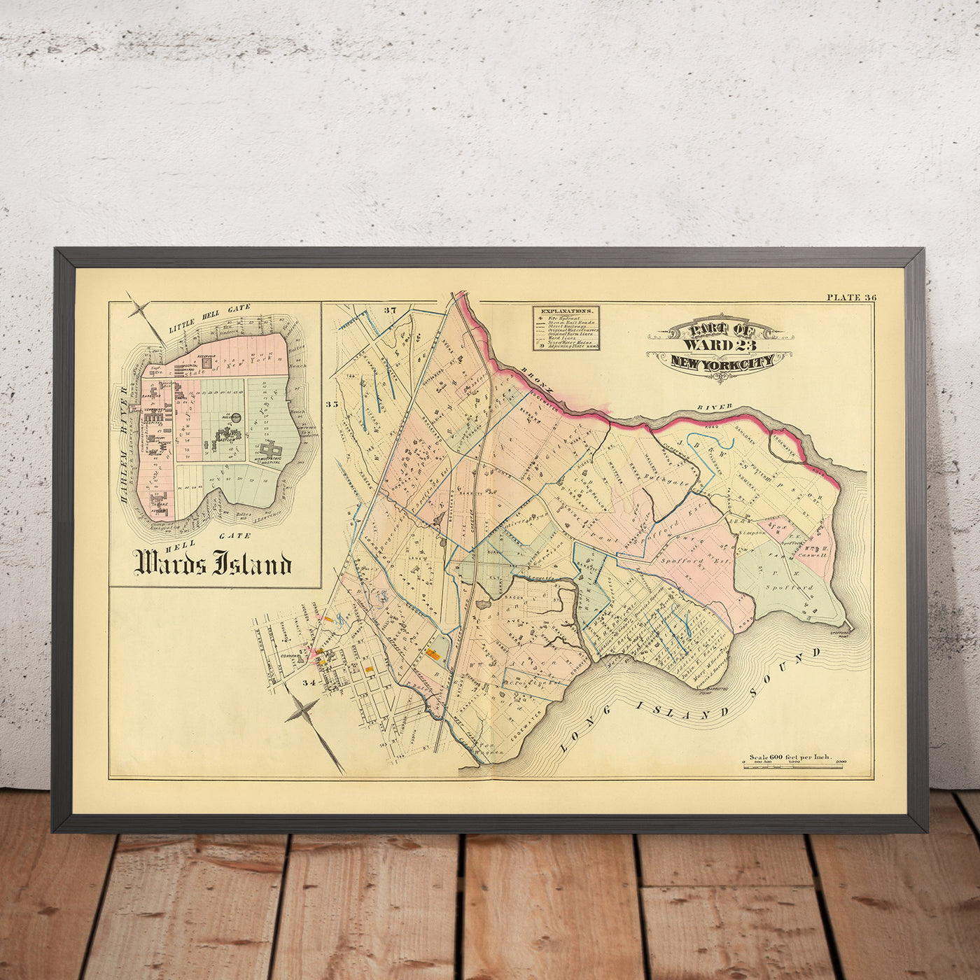 Old Map of the Bronx, NYC by Bromley, 1879: Wards Island, Hell Gate, Spoffords Point, Barrettos Point, East River