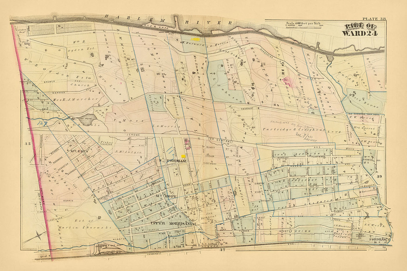 Alte Karte des Bronx, NYC von Bromley, 1879: South Fordham, Mount Hope, Upper Morrisania, Fordham, Harlem River 