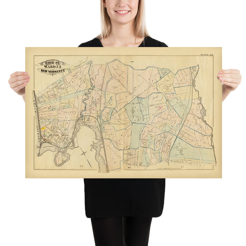 Mapa antiguo de la ciudad de Nueva York de Bromley, 1879: Fordham, Belmont, East Tremont, río Bronx, St. Johns College