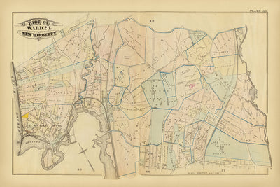 Mapa antiguo de la ciudad de Nueva York de Bromley, 1879: Fordham, Belmont, East Tremont, río Bronx, St. Johns College