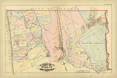 Mapa antiguo de la ciudad de Nueva York de Bromley, 1879: cementerio de Woodlawn, lago Van Cortlandt, monte St. Vincent