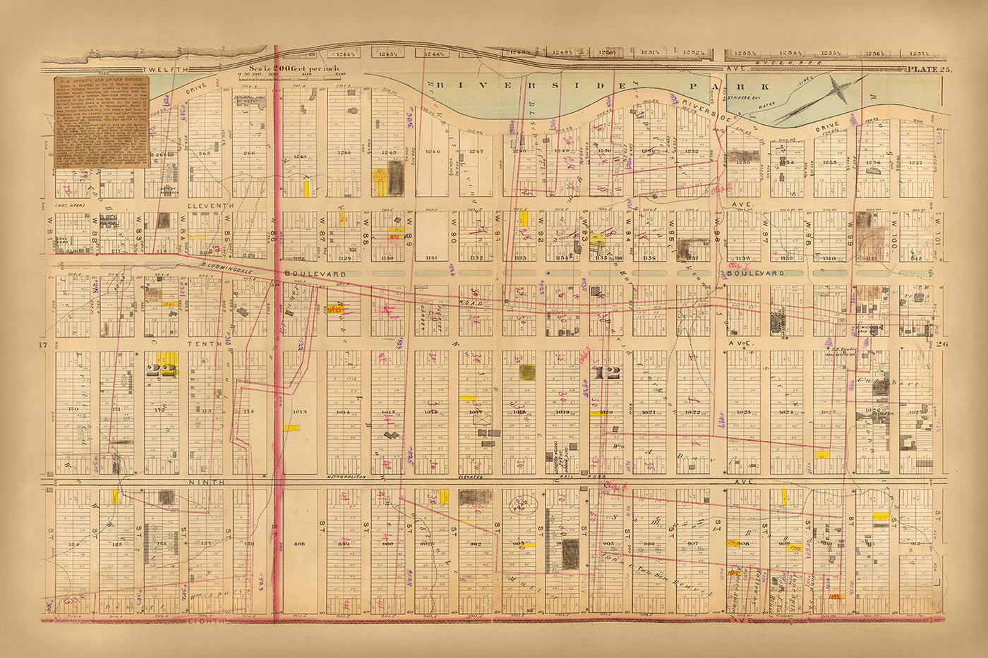 Mapa antiguo del Upper West Side, Nueva York, 1879: Riverside Park, West 81st hasta West 101st Street