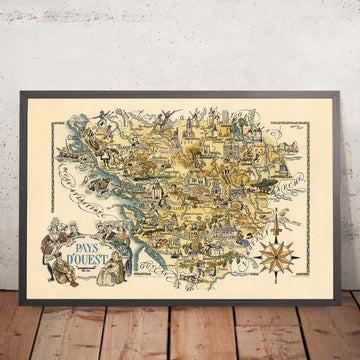 Mappa Pittorica Antica di Poitou-Charentes di Liozu, 1951: La Rochelle, Poitiers, Angoulême, Marais Poitevin 