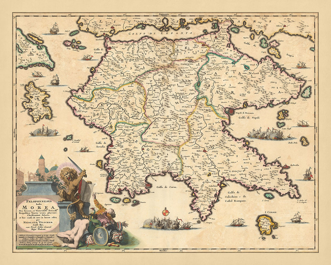Ancienne carte du Péloponnèse, Grèce par Visscher, 1690 : Patras, Zakinthos, Kalamata, Nauplie, îles Saroniques