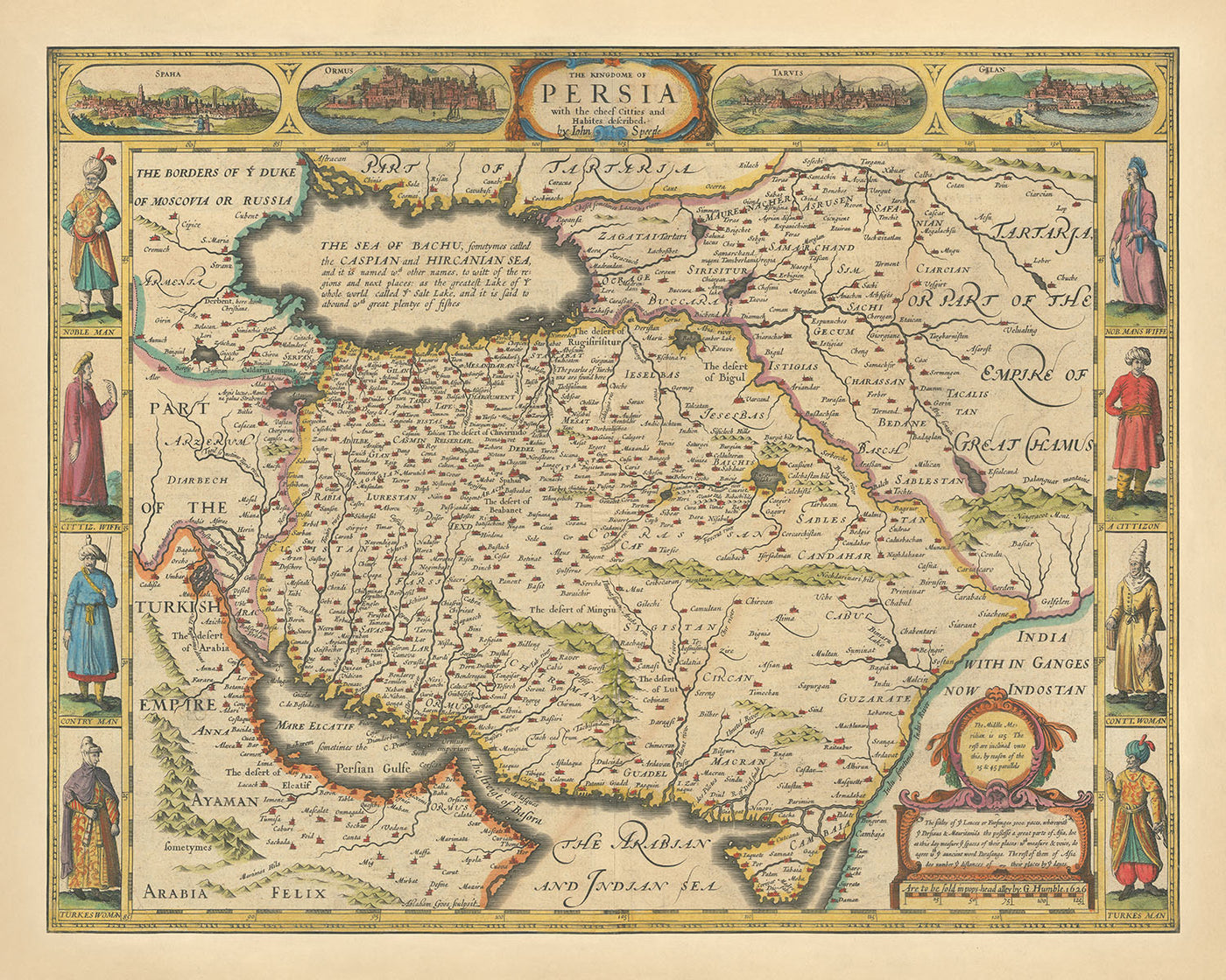 Alte, seltene Karte des Iran von Speed, 1627: Kaspisches Meer, Persischer Golf, Spaha, Ormus, Gilan