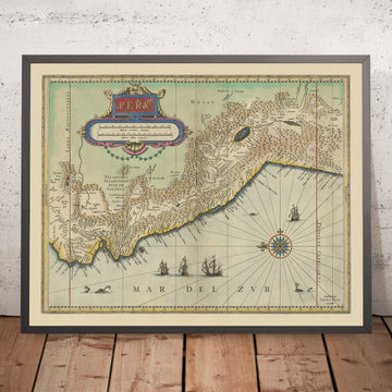 Mappa Antica del Perù di Blaeu, 1630: Lima, Ande, Mostri Marini, Rosa dei Venti, Cartiglio Decorativo 