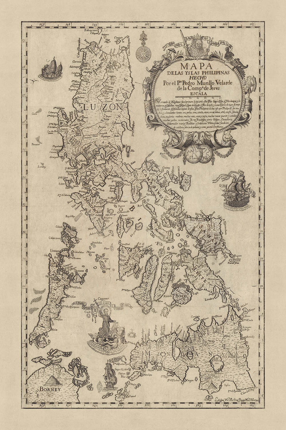 Ancienne carte picturale des Philippines par Murillo Velarde, 1744 : Manille, Cebu, Zamboanga, mer de Sulu, cartouche décorative