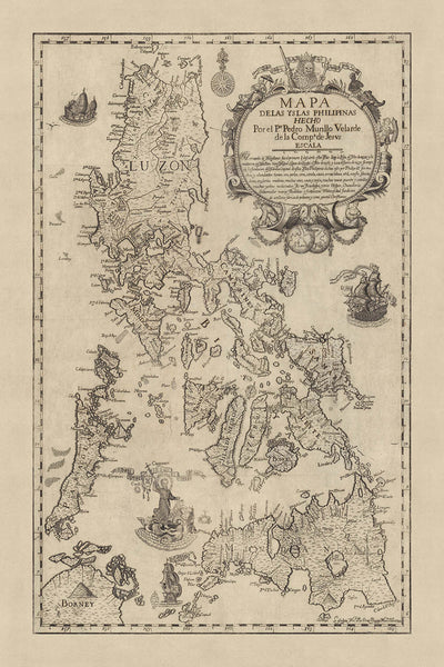 Antiguo mapa pictórico de Filipinas por Murillo Velarde, 1744: Manila, Cebú, Zamboanga, mar de Sulu, cartela decorativa