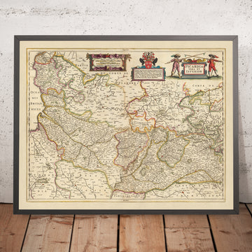 Antica mappa della Piccardia, Francia di Visscher, 1690: Calais, Lille, Amiens, Reims, Parco Scarpe-Escaut 