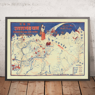 Antiguo mapa infográfico de la peregrinación a Uttarakhand por Singh, 1960: Chota Char Dham, monte Kailash, mito del Ganges
