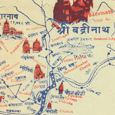 Ancienne carte infographique du pèlerinage de l'Uttarakhand par Singh, 1960 : Chota Char Dham, mont. Kailash, mythe du Gange