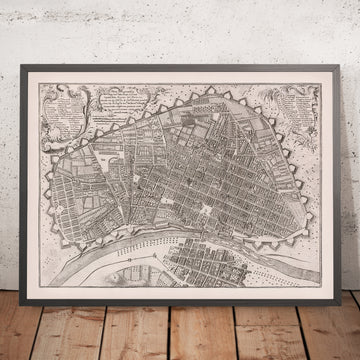 Old Birdseye Map of Lima by Ulloa, 1748: Fortifications, River, Bridges, City Blocks, Cartouches