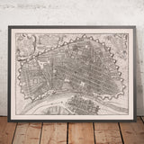 Old Birdseye Map of Lima by Ulloa, 1748: Fortifications, River, Bridges, City Blocks, Cartouches