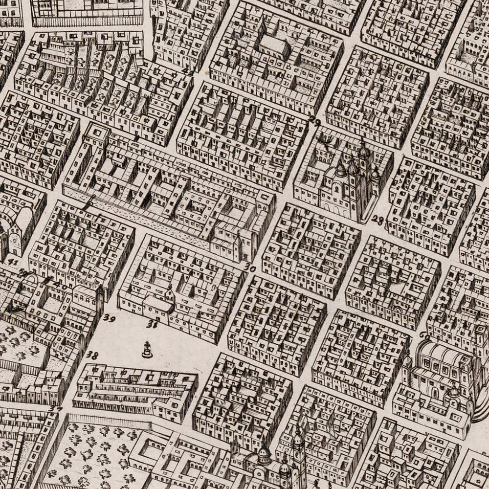 Mapa antiguo de Lima a vista de pájaro de Ulloa, 1748: Fortificaciones, río, puentes, manzanas de la ciudad, cartelas