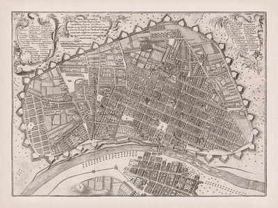 Carte ancienne de Lima par Ulloa, 1748 : fortifications, rivière, ponts, pâtés de maisons, cartouches