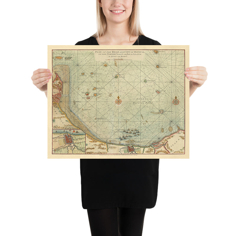 Ancien tableau de Jakarta (Batavia) par van Keulen, 1778 : Île Onrust, Mille Îles, Indonésie 