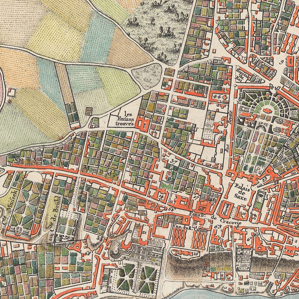 Mapa antiguo de Varsovia de Rizzi Zannoni, 1772: río Vístula, Miodowa, Senatorska, Solec, Swietojanska