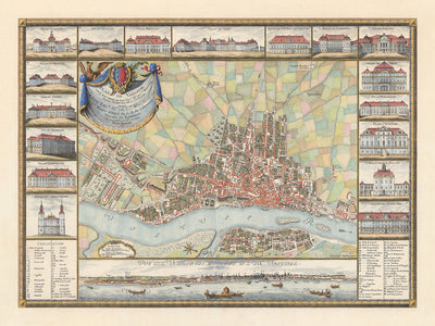 Mapa antiguo de Varsovia de Rizzi Zannoni, 1772: río Vístula, Miodowa, Senatorska, Solec, Swietojanska