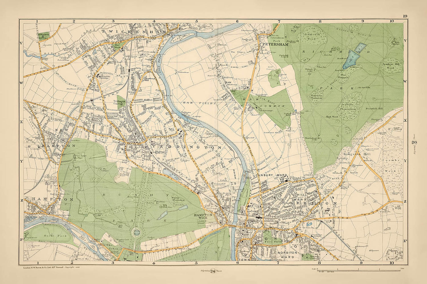 Alte Karte von London, 1900: Bushy Park, Richmond Park, Ham Common, Kingston, Twickenham