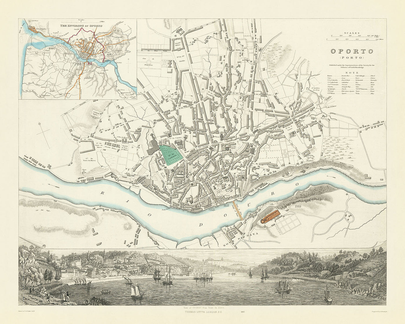 Mapa antiguo de Oporto, 1870: Torre da Marca, Catedral, Plaza Ribeira, Iglesia de San Francisco, Palacio Episcopal