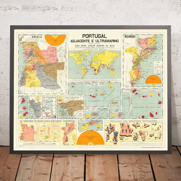 Alte Weltkarte des portugiesischen Imperiums von Manuel Barreira, 1961: Koloniales Mosambik, Azoren, Angola, Kap Verde, Macau, Indien 