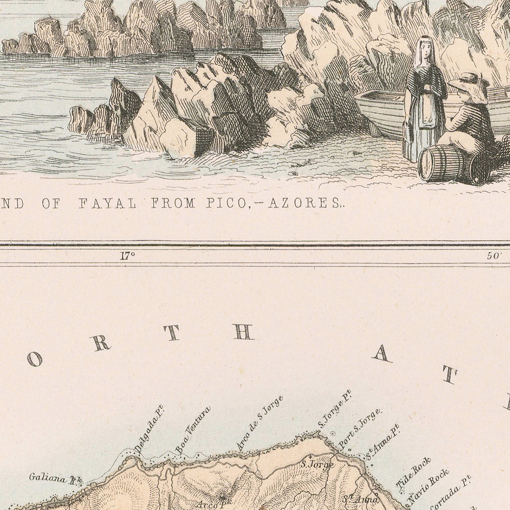 Antiguo mapa de Portugal, 1865: Funchal, Angra, Ponta Delgada, Fayal, Pico