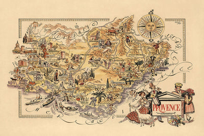 Alte Karte der Provence, Frankreich von Liozu, 1951: Marseille, Avignon, Cannes, Nizza, Monaco