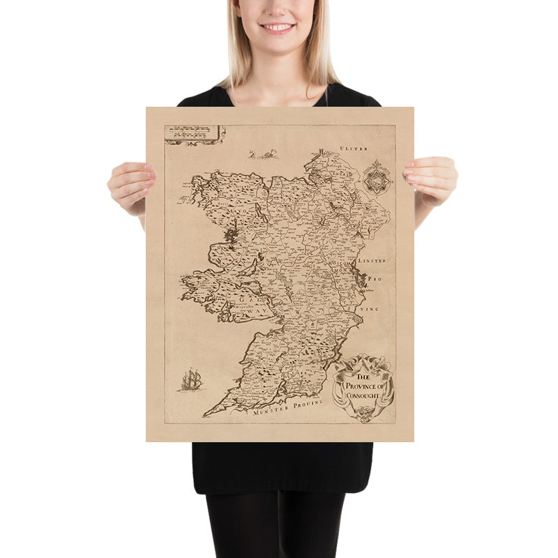 Ancienne carte du Connacht par Petty, 1685 : Galway, Leitrim, Mayo, Sligo, Roscommon 