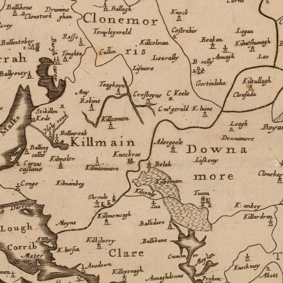 Ancienne carte du Connacht par Petty, 1685 : Galway, Leitrim, Mayo, Sligo, Roscommon 