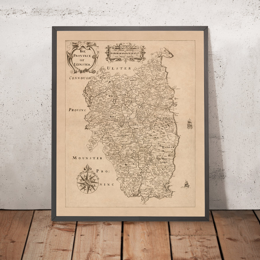 Old Map of Leinster by Petty, 1685: Dublin, Kilkenny, Wexford, Waterford, Kildare, Louth, Meath